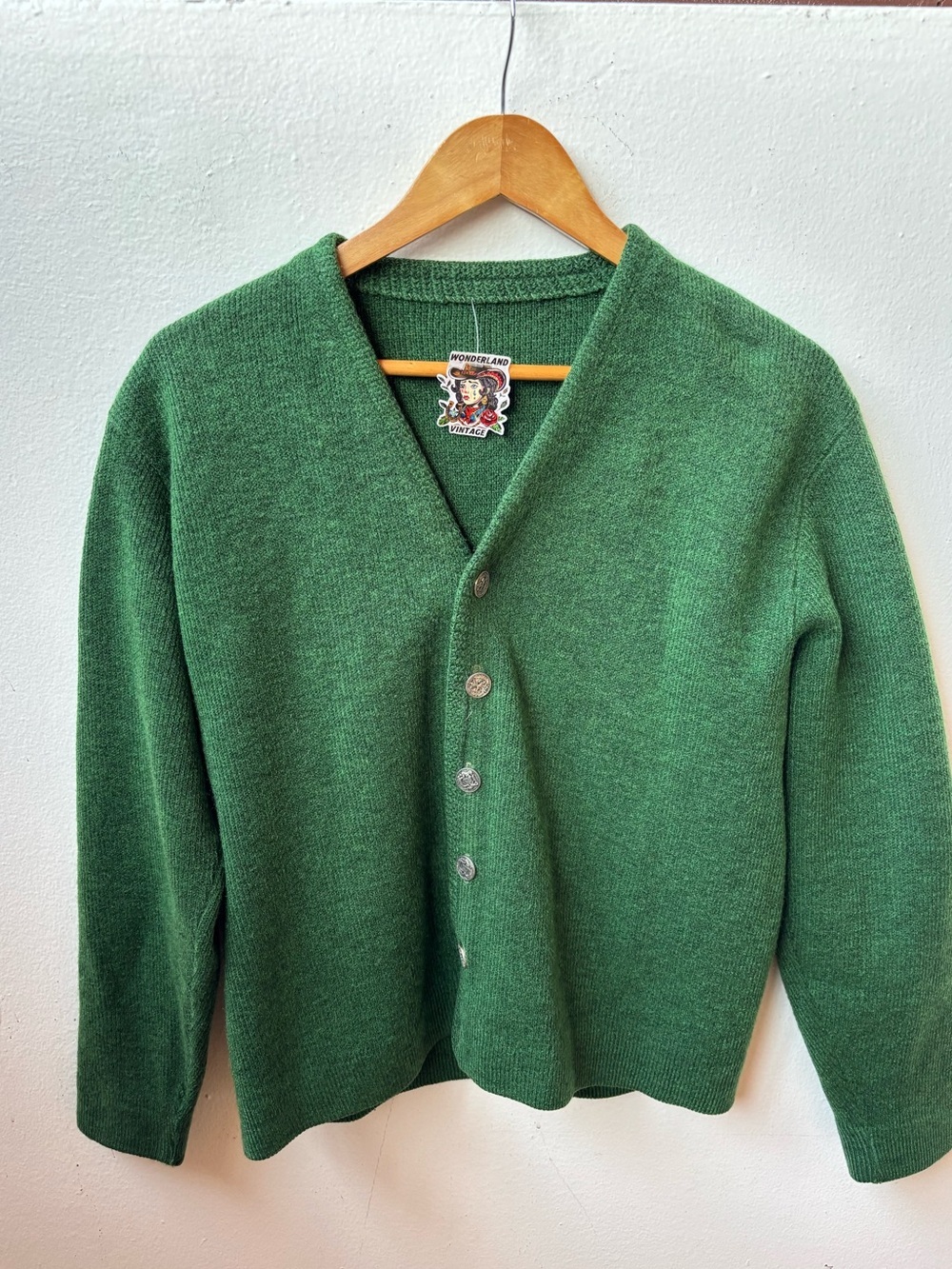 1960s Vintage Green Wool Button-Front Sweater Cardigan